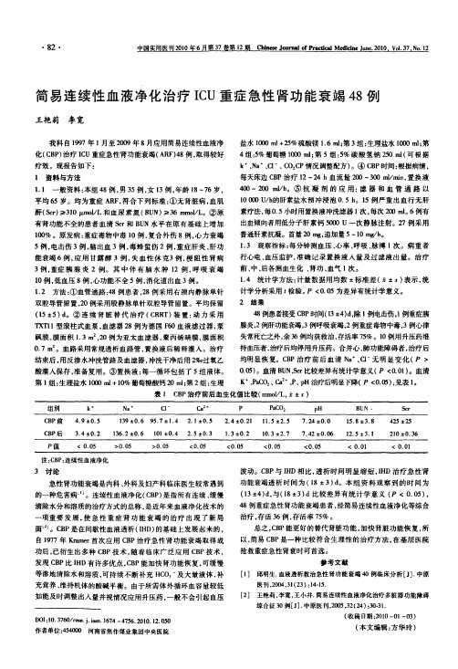 简易连续性血液净化治疗ICU重症急性肾功能衰竭48例