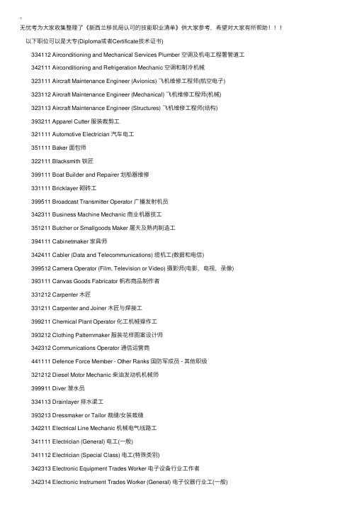 新西兰移民局认可的技能职业清单