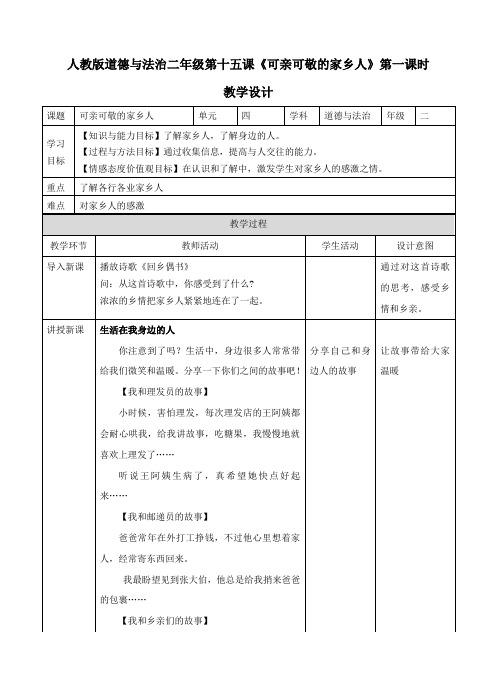 人教部编版小学二年级道德与法治上册《可亲可敬的家乡人》教案(第一课时)