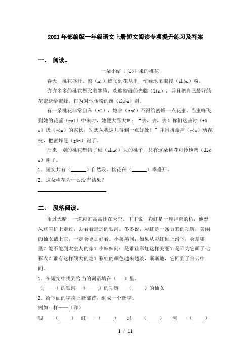 2021年部编版一年级语文上册短文阅读专项提升练习及答案