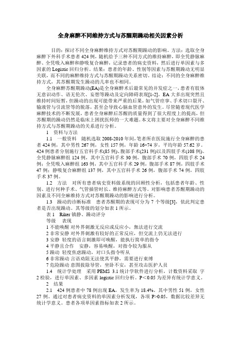 全身麻醉不同维持方式与苏醒期躁动相关因素分析