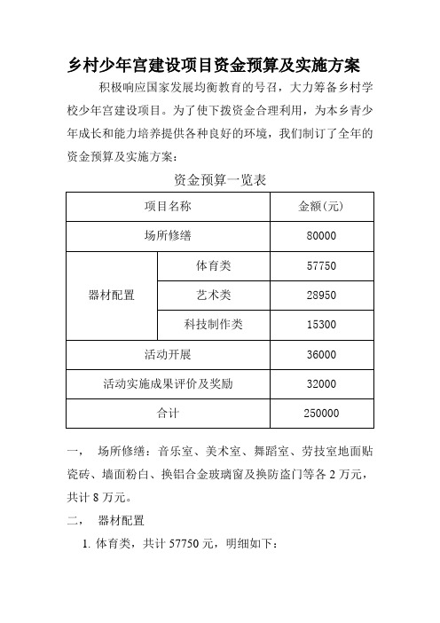 乡村少年宫建设项目资金预算及实施方案