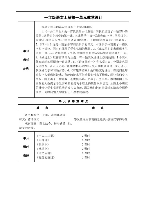 人教版小学一年级语文上册第一单元