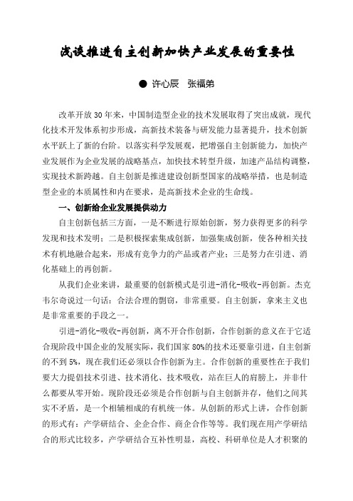 浅谈推进自主创新加快产业发展的重要性