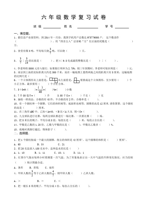 2015北师大版六年级数学毕业 复习试卷