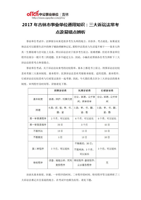 2017年吉林市事业单位通用知识：三大诉讼法常考点及易错点辨析