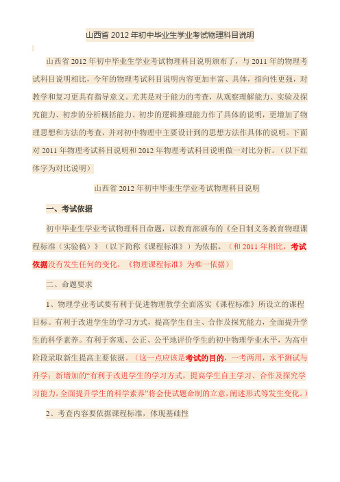 山西省2012年初中毕业生学业考试物理科目说明