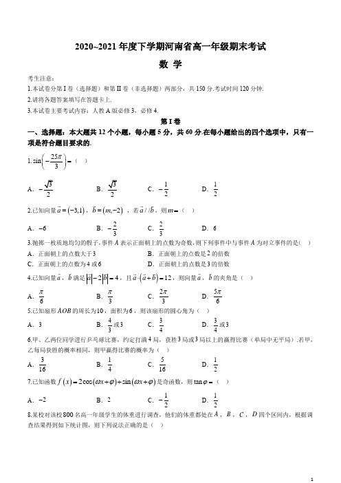 河南省2020-2021学年高一下学期期末考试数学试题 含答案