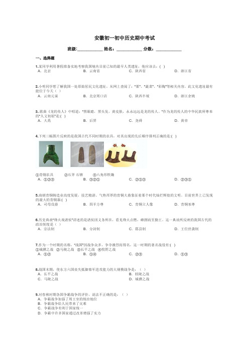 安徽初一初中历史期中考试带答案解析
