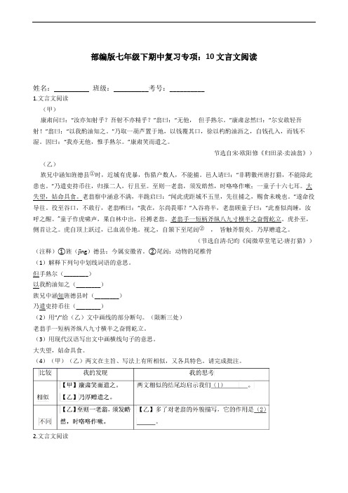 2020—2021学年部编版语文七年级下册期中专题复习训练：10文言文阅读