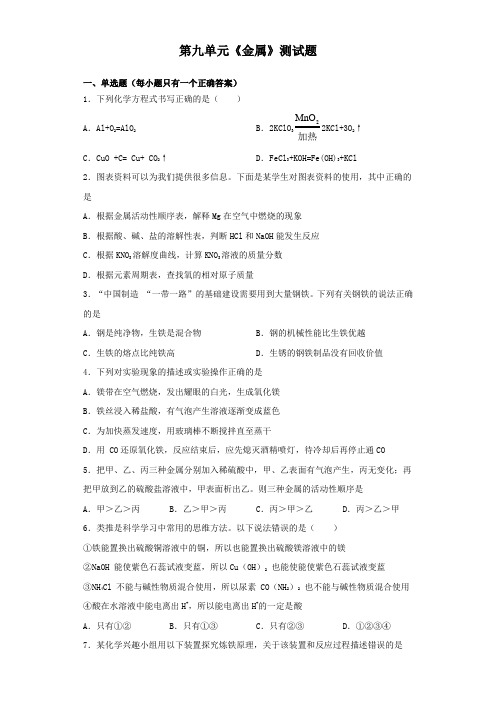 鲁教版化学九年级下册第九单元《金属》测试题(含答案)