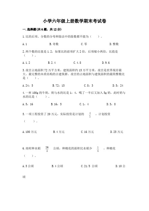 小学六年级上册数学期末考试卷带答案(巩固)