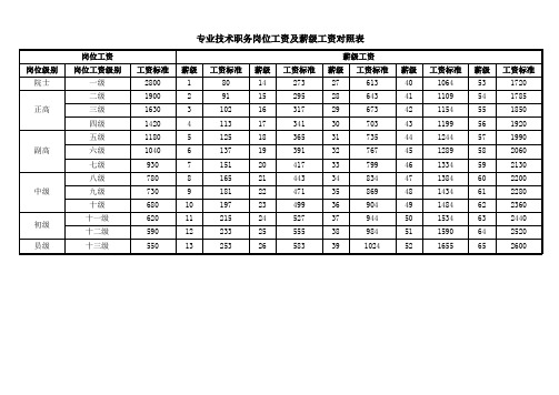 各类岗位工资及薪级工资对照表