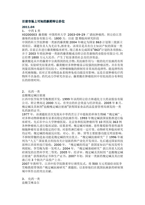 目前市场上可知的新药转让价位
