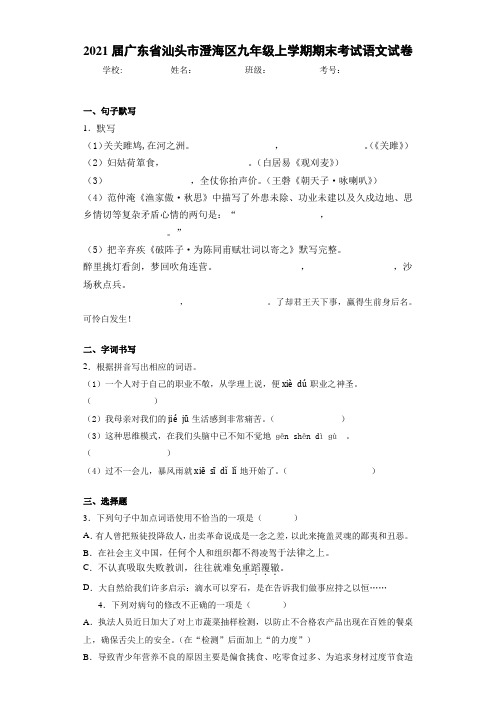 2021届广东省汕头市澄海区九年级上学期期末考试语文试卷