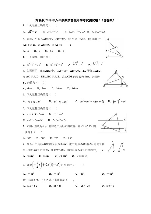 苏科版2019年八年级数学暑假开学考试测试题3(含答案)