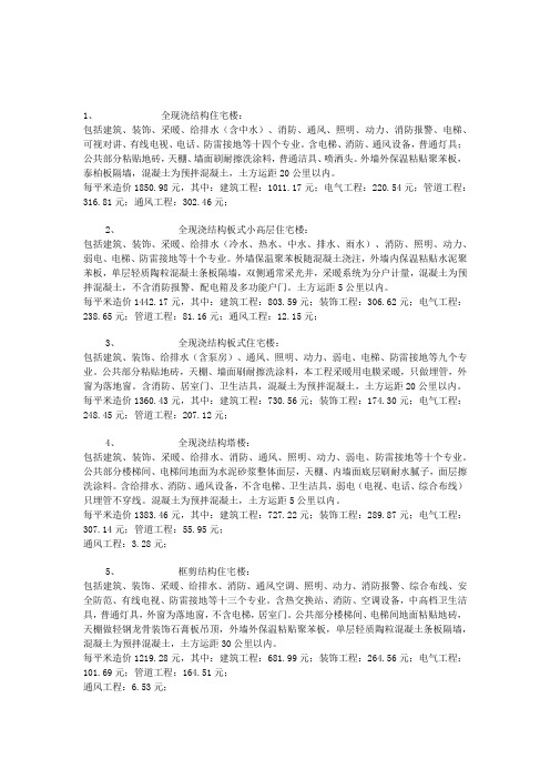 工程造价平米汇总表