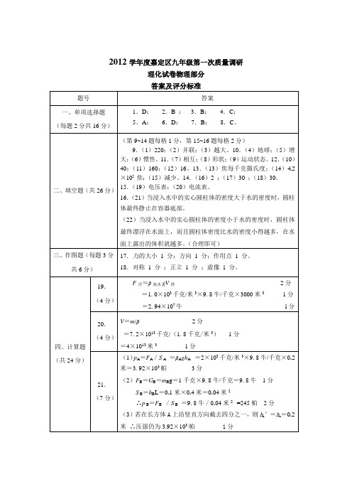 2012学年度嘉定区九年级第一次质量调研