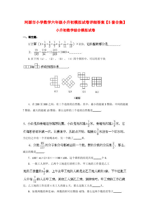 河源市小学数学六年级小升初模拟试卷详细答案【5套合集】