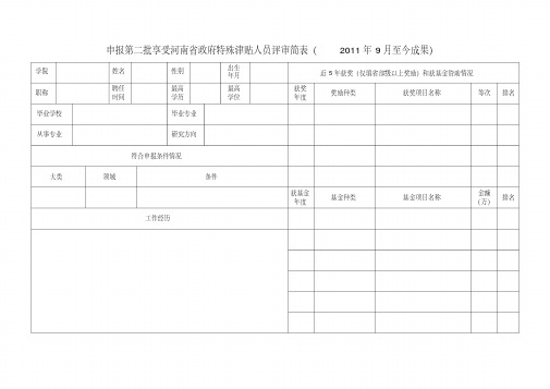 申报第二批享受河南省政府特殊津贴人员评审简表.doc