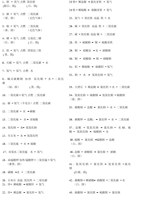 初中所有化学文字表达式