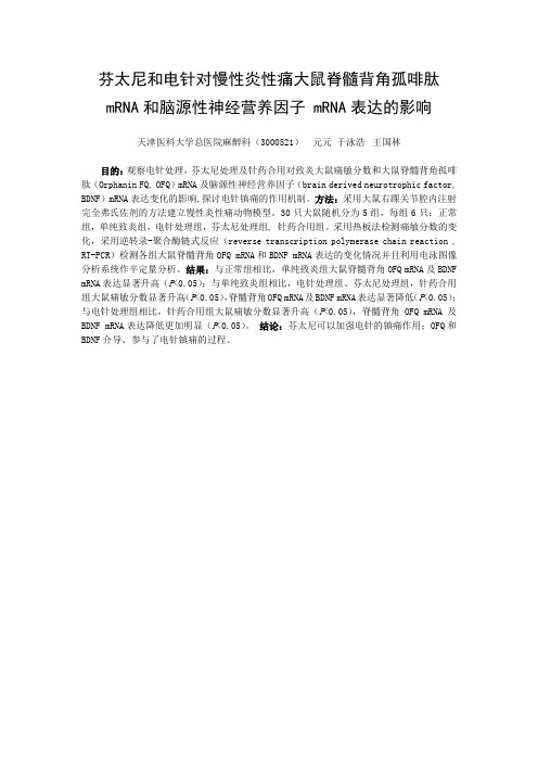 芬太尼和电针对慢性炎性痛大鼠脊髓背角孤啡肽mRNA和脑