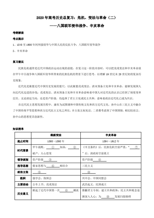 2020年高考历史总复习：危机、变法与革命(二)八国联军侵华战争、辛亥革命