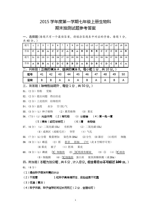 2015学年度第一学期七年级上册生物答案