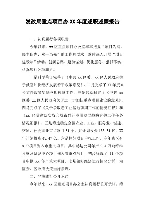 发改局重点项目办XX年度述职述廉报告