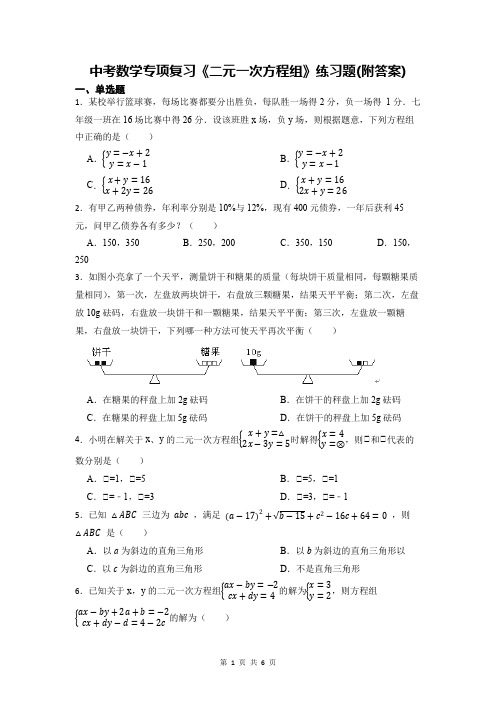 中考数学专项复习《二元一次方程组》练习题(附答案)