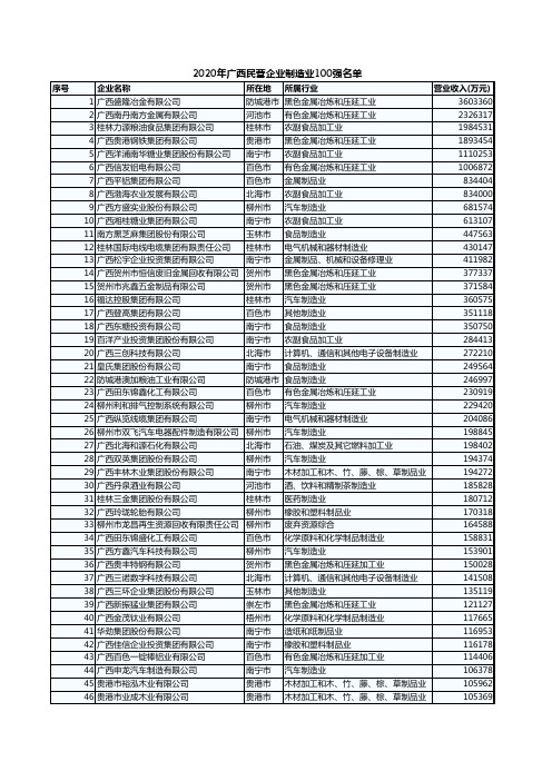 2020年广西民营企业制造业100强名单