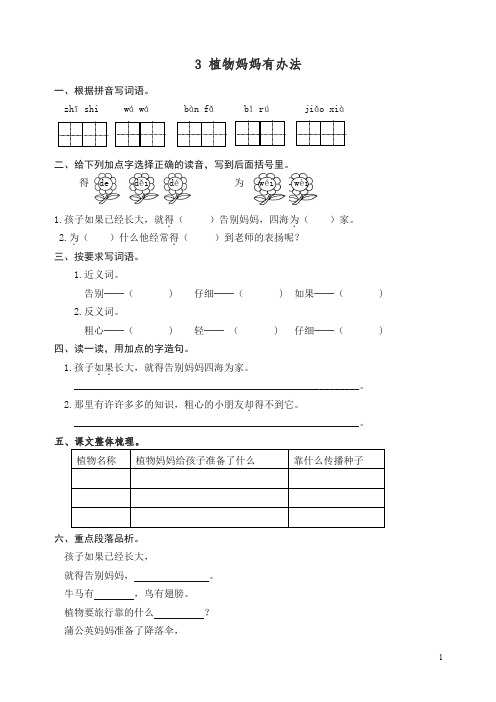 【精校】二年级语文上册课后作业3 植物妈妈有办法(含答案) 新统编教材(部编版).doc