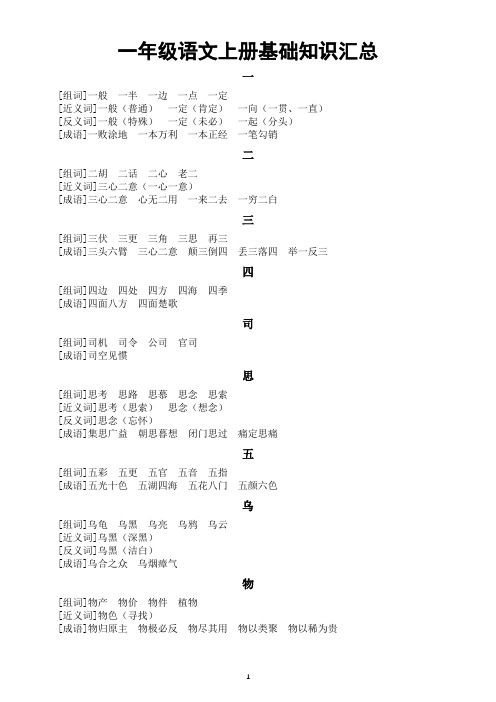 小学语文部编版一年级上册生字组词、近反义词、成语汇总(直接打印每生一份熟读熟记)