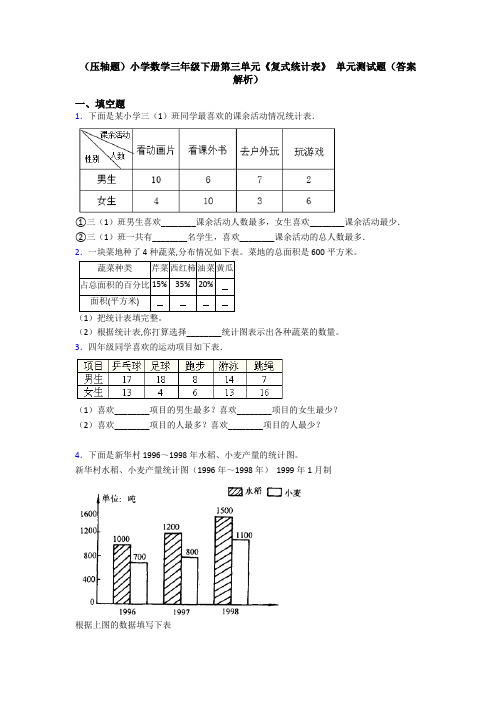 (压轴题)小学数学三年级下册第三单元《复式统计表》 单元测试题(答案解析)