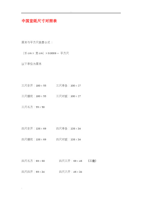 中国宣纸尺寸对照表