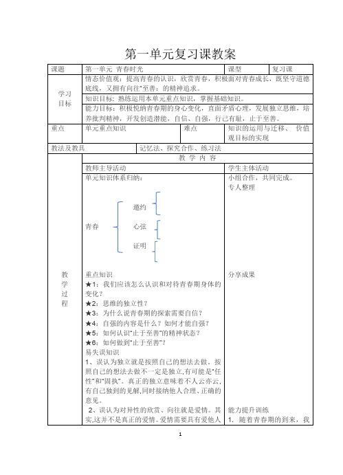 《道德与法治》人教版七年级下第一单元 青春时光 复习教案