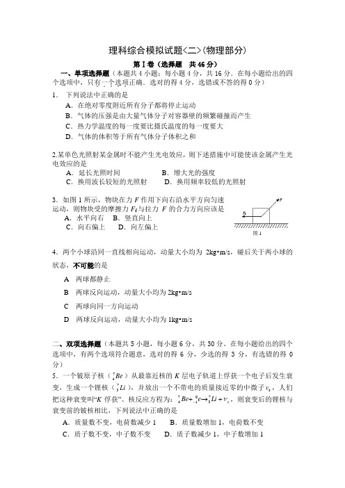 2012年广东省高考物理《师道精练》理科综合物理试题(二)(1)