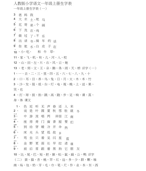 一年级语文生字表