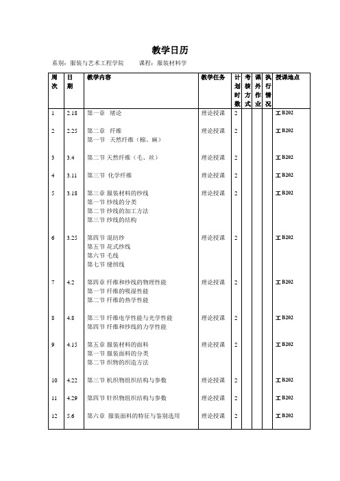 服装材料学  教学日历
