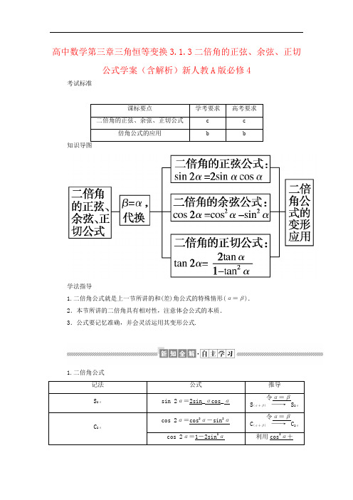 高中数学第三章三角恒等变换3.1.3二倍角的正弦、余弦、正切公式学案(含解析)新人教A版必修4