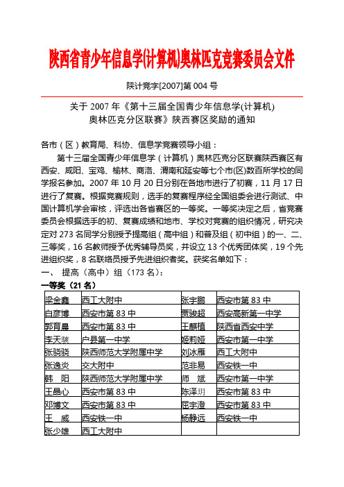 陕西省青少年信息学(计算机)奥林匹克竞赛委员会文件