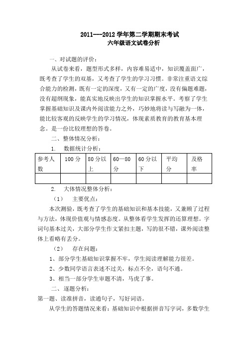 2011-2012下六年级期末语文试卷分析