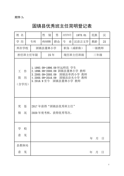 优秀班主任简明登记表