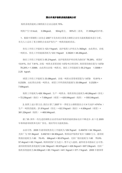 国内外高炉炼铁系统的能耗分析