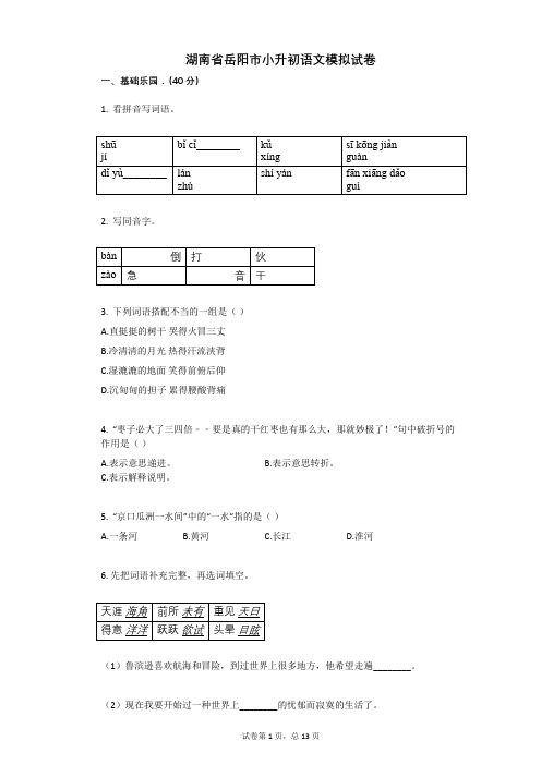 湖南省岳阳市小升初语文模拟试卷有答案