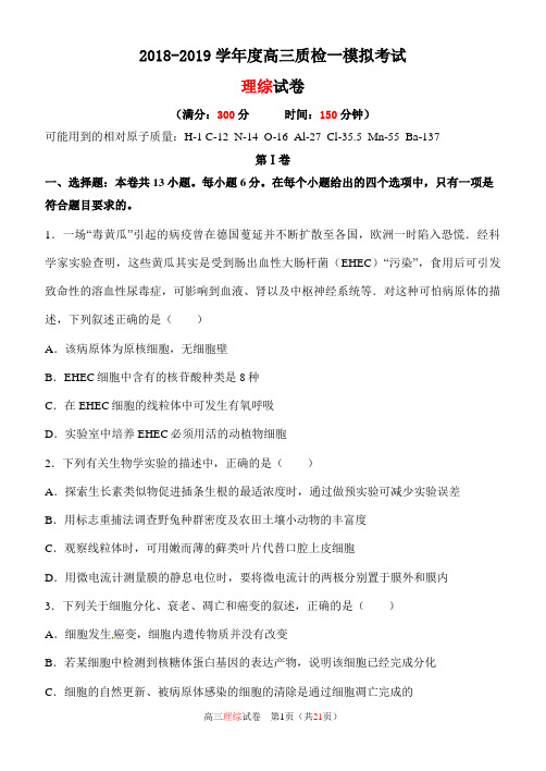 物理小金刚系类-2018-2019高三质检一模拟考试理综