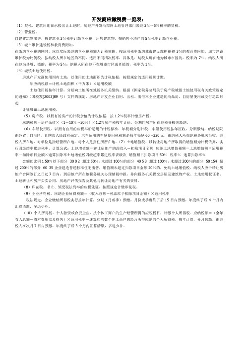 开发商应缴税费一览表155782599