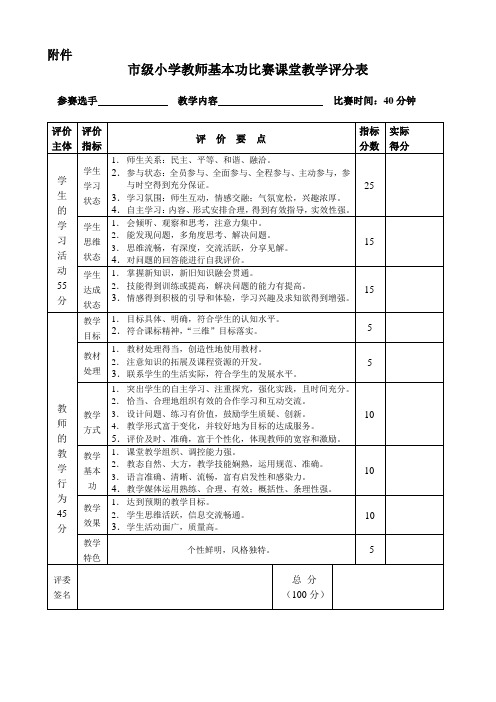 市级小学教师基本功比赛课堂教学评分表