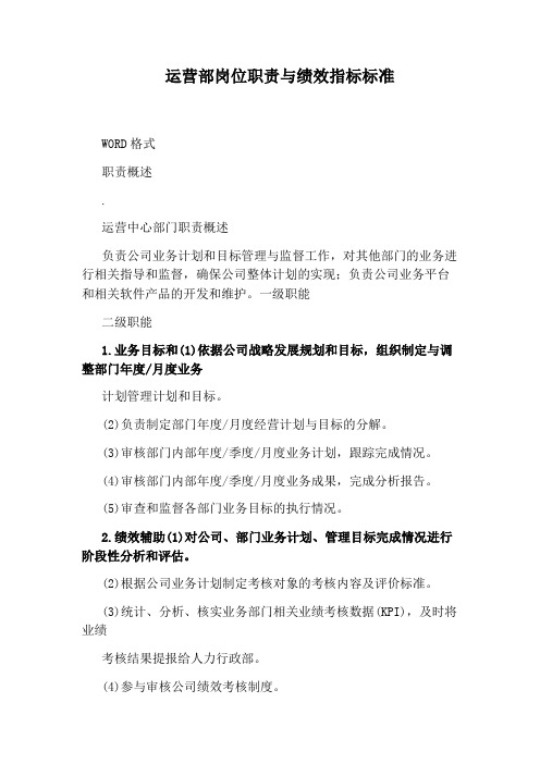 运营部岗位职责与绩效指标标准