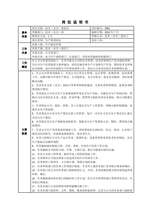 技术支持部岗位说明书.doc